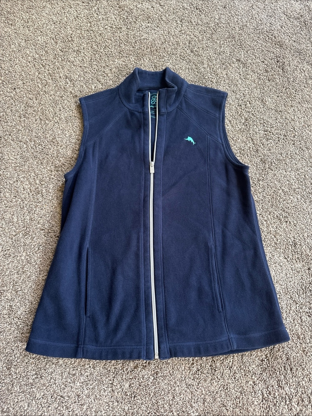 Tommy Bahama Women’s Small Petite Navy Aqua Logo Zippered Vest EUC